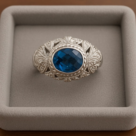 Judith Ripka Jewelry - Judith Ripka London Blue Topaz Sterling Silver 925 Rope & Leaf Ring EC 8 #329